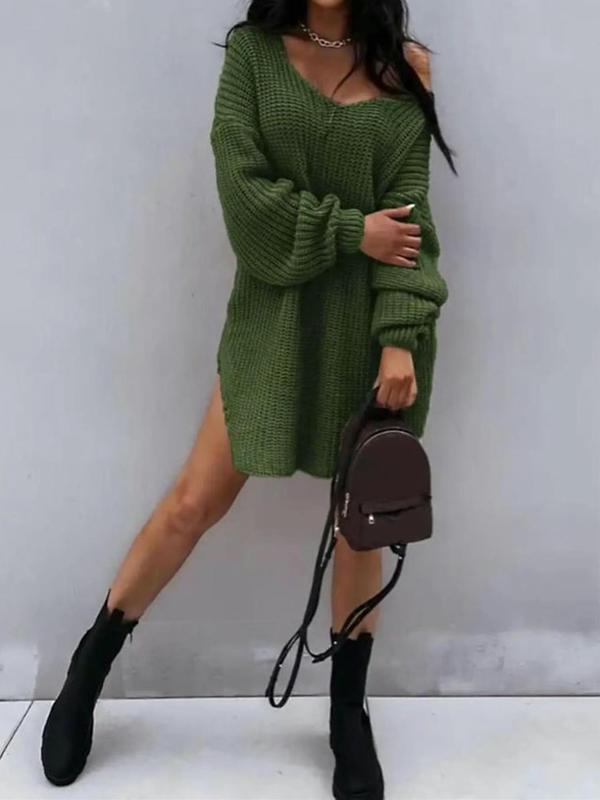 Women's Plain Batwing Sleeve V Neck Sweater Dress, Casual Long Sleeve Short Jumper Dress for Fall & Winter, Women's Knitwear for Daily Wear