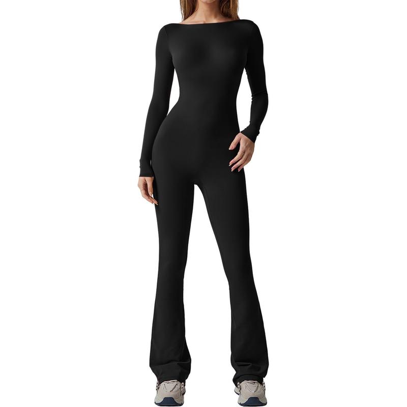 Women´s Flare Leg Rompers Long Sleeve Open Back Solid Color Jumpsuit Pants Playsuit Streetwear