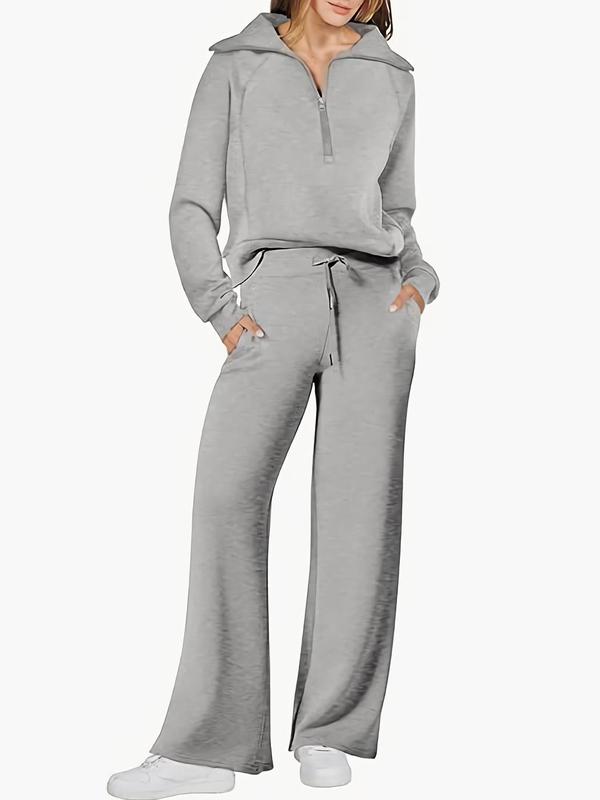 Women's Solid Half Zip Up Raglan Sleeve Sweatshirt & Drawstring Waist Pants Two-piece Set, Casual Long Sleeve Waterfall Neck Pullover & Pocket Trousers for Fall & Winter, Women's Clothes for Daily Wear