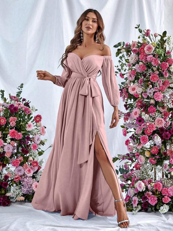 Women's Plain Ruched Belted Split Thigh Surplice Neck Chiffon Evening Dress, Elegant Formal Wear, Bishop Sleeve Off the Shoulder A Line Dress for Party & Banquet, Elegant Formal Dresses, Ladies's Clothes for All Seasons