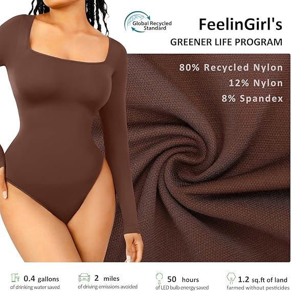 FeelinGirl Christmas Long Sleeve Bodysuit for Women Thong Body Suit Square Neck Shapewear 2024 Shirt Tops Soft Womenswear