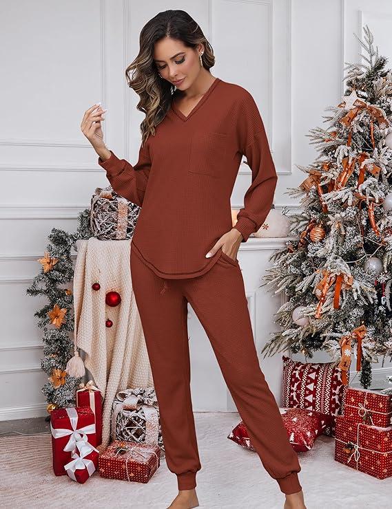 Womens Two Piece Outfits Lounge Sets Waffle Knit Long Sleeve Pullover Tops and Jogger Sweatpants Tracksuits 2024 Fall