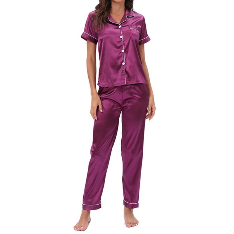 Womens Silk Satin Pajama Sets Button Down Sleepwear Short Sleeve Top and Pants Soft Pjs Lounge Set