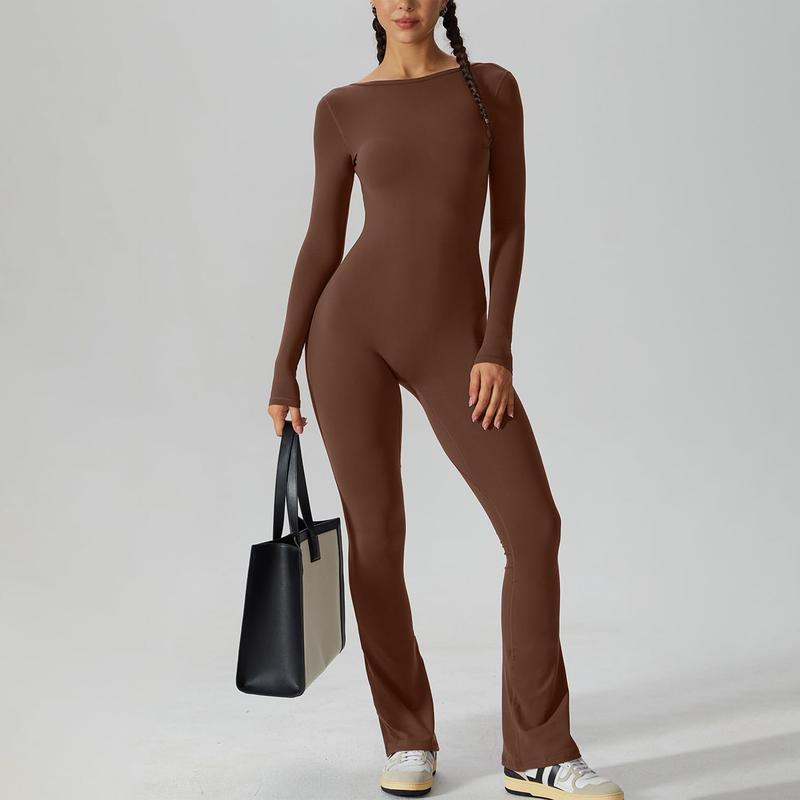 Women´s Flare Leg Rompers Long Sleeve Open Back Solid Color Jumpsuit Pants Playsuit Streetwear