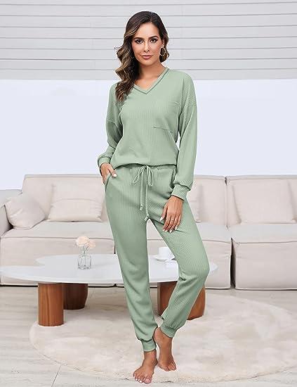 Womens Two Piece Outfits Lounge Sets Waffle Knit Long Sleeve Pullover Tops and Jogger Sweatpants Tracksuits 2024 Fall