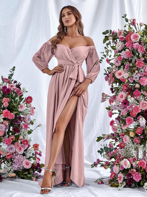 Women's Plain Ruched Belted Split Thigh Surplice Neck Chiffon Evening Dress, Elegant Formal Wear, Bishop Sleeve Off the Shoulder A Line Dress for Party & Banquet, Elegant Formal Dresses, Ladies's Clothes for All Seasons