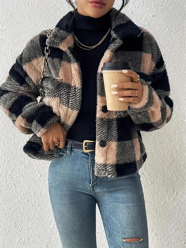 Women's Plaid Button Front Drop Shoulder Fuzzy Jacket, Casual Long Sleeve Collared Pocket Outerwear for Fall & Winter, Ladies Clothes for Daily Wear