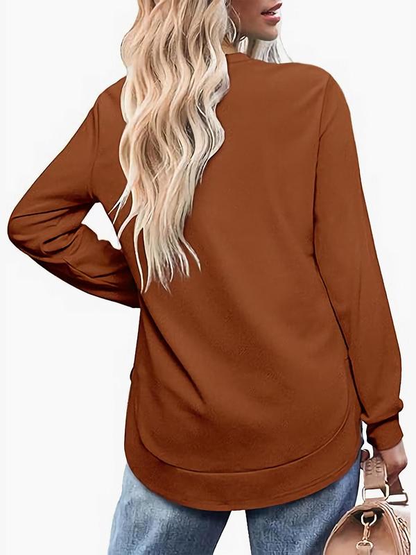 Women's Plain Round Neck Long Sleeve Tee, Casual Solid Crew Neck T-Shirt for Fall & Winter, Women's Top for Daily Wear