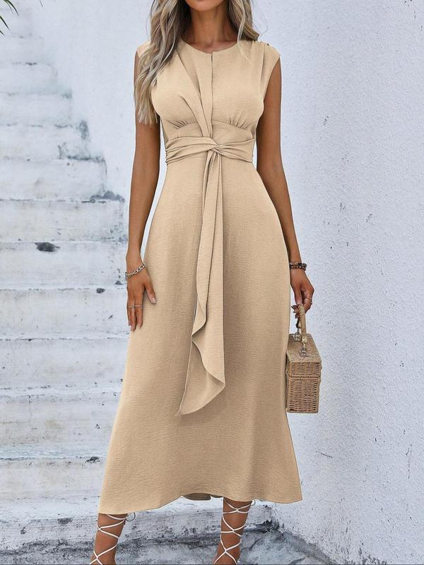 Women's Plain Twist Ribbon Tank Dress, Elegant Sleeveless Round Neck Midi Dress for Summer, Ladies Clothes for Beach Holiday, Summer Dresses 2024