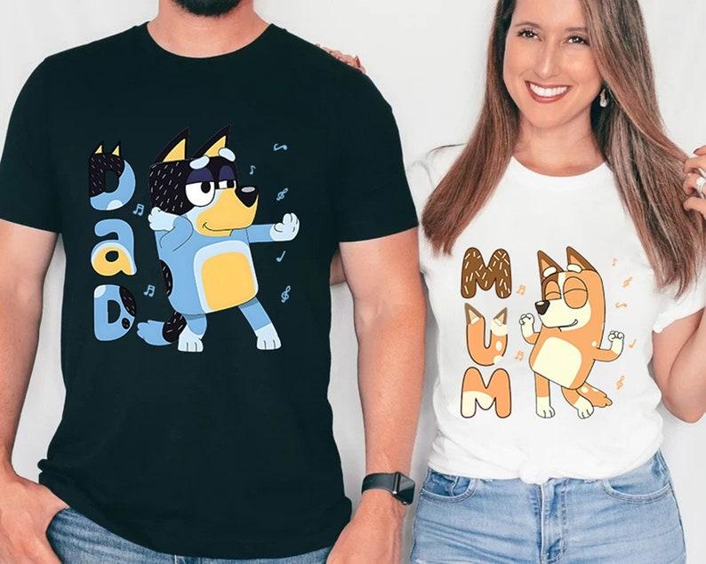 Retro Bluey Family Shirts, Family Matching Shirts, Bandit Heeler Shirt, Bluey Tee, Bandit Chili Bingo, Bluey Dad Bluey Mum T-shirt Cotton Womenswear Clothing Light