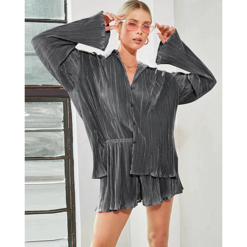 Women 2 Piece Outfits For Women - Lounge Sets Pajama Sets Long Sleeve Button Down Shirts And Shorts Fall Loungewear Nightwear Womenswear Underwear