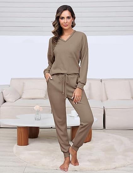 Womens Two Piece Outfits Lounge Sets Waffle Knit Long Sleeve Pullover Tops and Jogger Sweatpants Tracksuits 2024 Fall