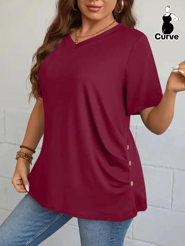  Plain Fake Buttons Ruched  Tee, Casual Short Sleeve V Neck T-shirt for Summer, Women's Plus Clothing for Daily Wear