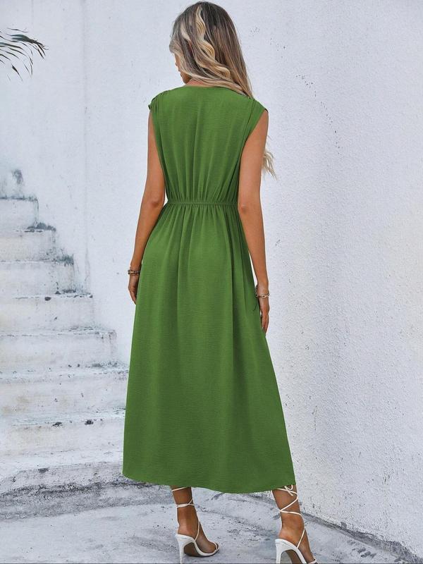 Women's Plain Twist Ribbon Tank Dress, Elegant Sleeveless Round Neck Midi Dress for Summer, Ladies Clothes for Beach Holiday, Summer Dresses 2024