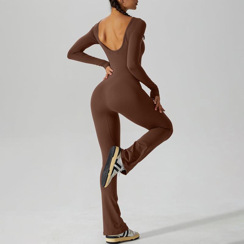 Women´s Flare Leg Rompers Long Sleeve Open Back Solid Color Jumpsuit Pants Playsuit Streetwear