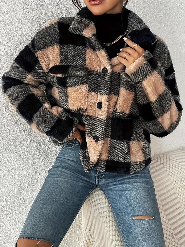 Women's Plaid Button Front Drop Shoulder Fuzzy Jacket, Casual Long Sleeve Collared Pocket Outerwear for Fall & Winter, Ladies Clothes for Daily Wear