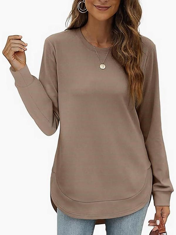 Women's Plain Round Neck Long Sleeve Tee, Casual Solid Crew Neck T-Shirt for Fall & Winter, Women's Top for Daily Wear