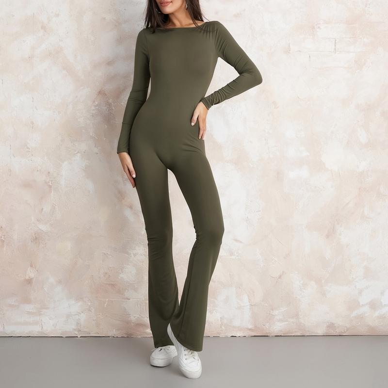 Women´s Flare Leg Rompers Long Sleeve Open Back Solid Color Jumpsuit Pants Playsuit Streetwear