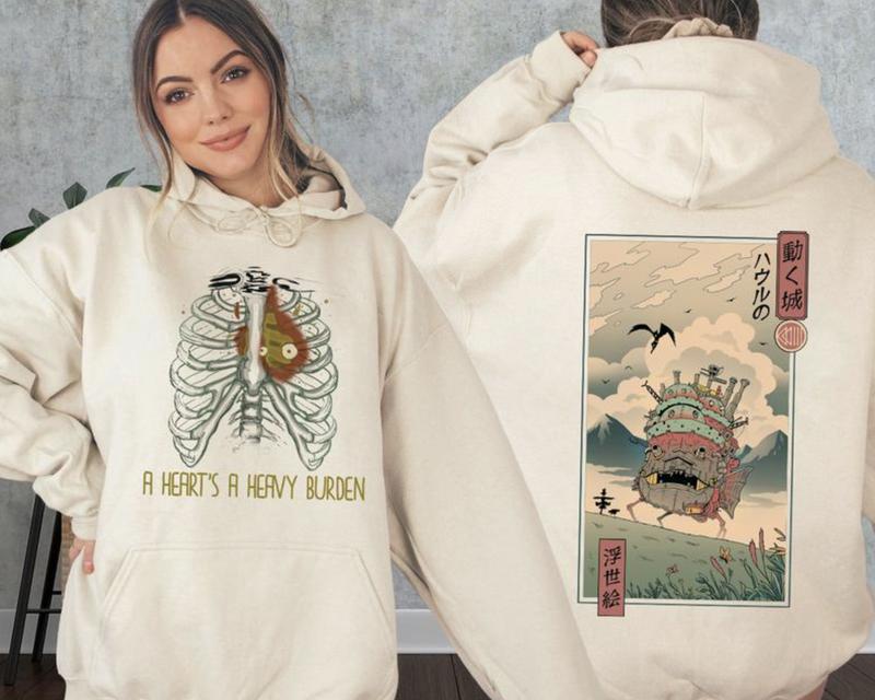 A Heart's A Heavy Burden 2 Sided Hoodie, Sweatshirt, Tshirt, Howls Moving Castle Shirt, Studio Ghiblii, Full Color, Full Size, Printed Tee