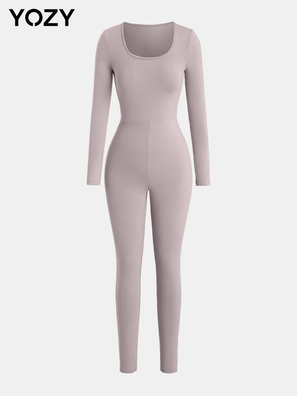 YOZY [4 colors, size 4-14] Waist-hugging Jumpsuit, Casual Minimalist Breathable Slim Long Sleeve Square Neck Bodycon Jumpsuit, 2024 Women's Daily Wear for Spring & Fall, [S-XXL]