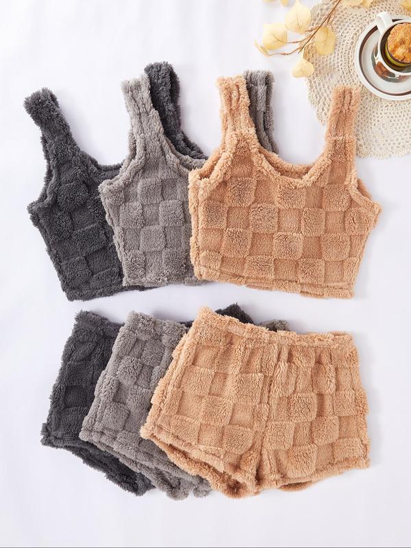 Women's Solid Plaid Color Plush Cami Top & Shorts Pyjama Set, Casual Comfy Sleeveless Top & Shorts Pj Set for Daily Home Wear, Women's Sleepwear for Winter, Fluffy Pajamas