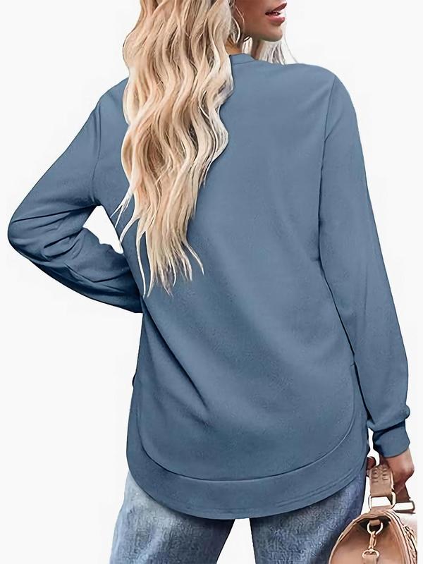 Women's Plain Round Neck Long Sleeve Tee, Casual Solid Crew Neck T-Shirt for Fall & Winter, Women's Top for Daily Wear