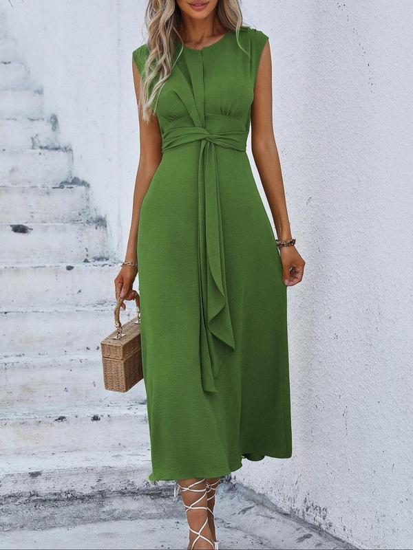 Women's Plain Twist Ribbon Tank Dress, Elegant Sleeveless Round Neck Midi Dress for Summer, Ladies Clothes for Beach Holiday, Summer Dresses 2024