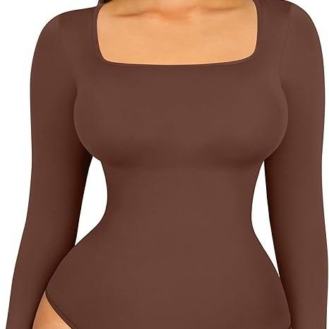 FeelinGirl Christmas Long Sleeve Bodysuit for Women Thong Body Suit Square Neck Shapewear 2024 Shirt Tops Soft Womenswear