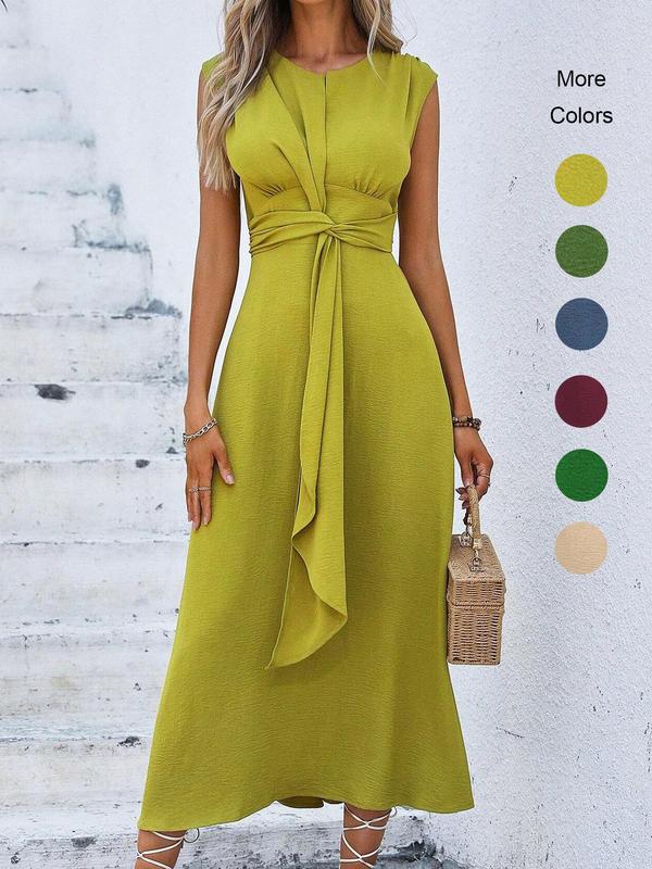 Women's Plain Twist Ribbon Tank Dress, Elegant Sleeveless Round Neck Midi Dress for Summer, Ladies Clothes for Beach Holiday, Summer Dresses 2024