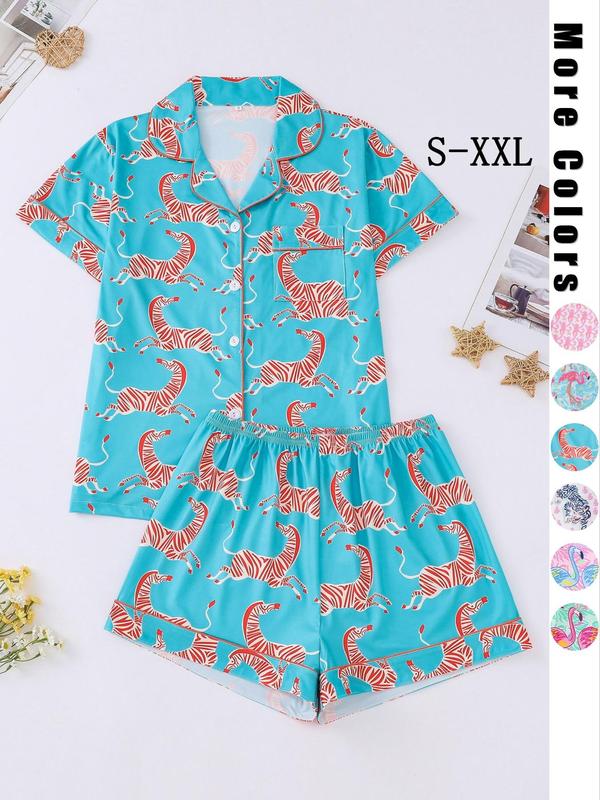 Women's Flamingo Print Lapel Neck Button Front Shirt & Elastic Waist Shorts Pyjama Two-piece Set, Casual Comfy Short Sleeve Pocket Top & Shorts PJ Set, Ladies Sleepwear for Fall