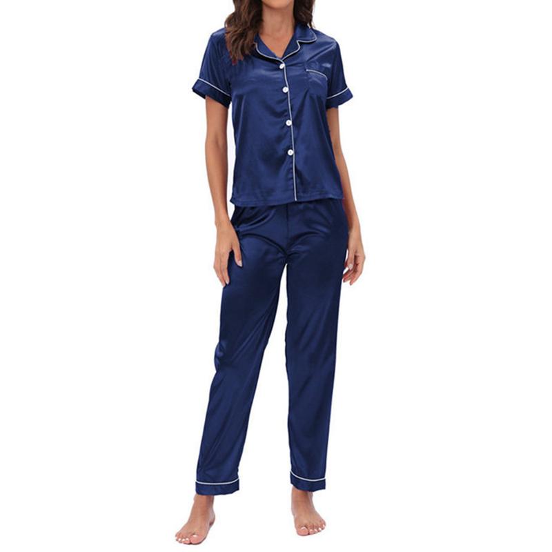 Womens Silk Satin Pajama Sets Button Down Sleepwear Short Sleeve Top and Pants Soft Pjs Lounge Set