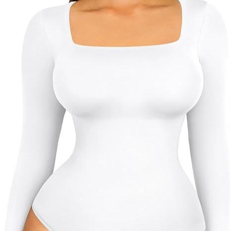 FeelinGirl Christmas Long Sleeve Bodysuit for Women Thong Body Suit Square Neck Shapewear 2024 Shirt Tops Soft Womenswear