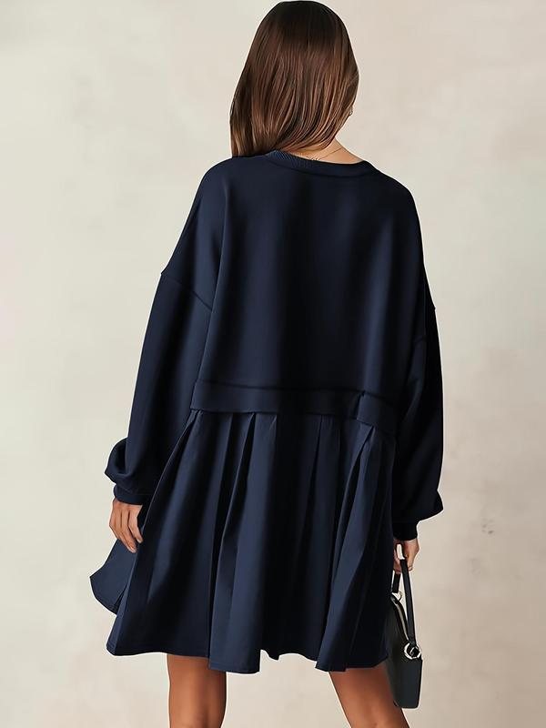  Solid Color 2 in 1 Pleated Smock Dress, Casual Drop Shoulder Long Sleeve Short Dress for Fall & Winter, Women's Casual Wear Clothes for Daily Wear