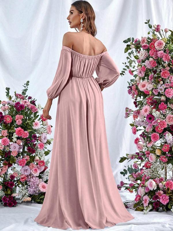 Women's Plain Ruched Belted Split Thigh Surplice Neck Chiffon Evening Dress, Elegant Formal Wear, Bishop Sleeve Off the Shoulder A Line Dress for Party & Banquet, Elegant Formal Dresses, Ladies's Clothes for All Seasons