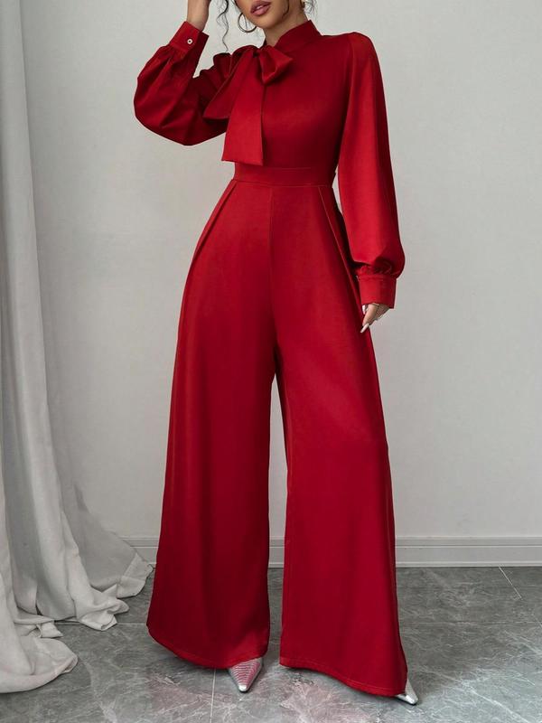 Women's Plain Tie Front Bishop Sleeve Wide Leg Jumpsuit, Elegant Long Sleeve Zipper Jumpsuit for Party Holiday Vacation, Ladies Spring & Fall Clothes