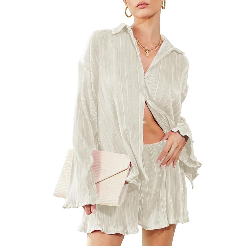 Women 2 Piece Outfits For Women - Lounge Sets Pajama Sets Long Sleeve Button Down Shirts And Shorts Fall Loungewear Nightwear Womenswear Underwear