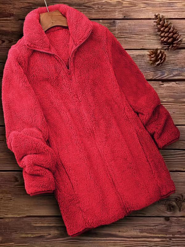 Women's Solid Long Sleeve Zip Up Fuzzy Coat, Casual Jackets, Mock Neck Outerwear for Fall, Ladies Clothes Winter Clothes Women for Daily Wear