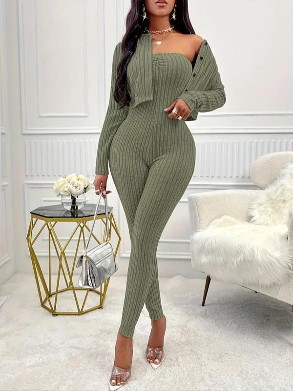 Two-piece Set Women's Solid Button Front Crop Top & Skinny Tube Jumpsuit, Casual Long Sleeve Round Neck Top & Jumpsuit for Daily Wear, Fall Sets, Ladies Two-piece Outfits for All Seasons