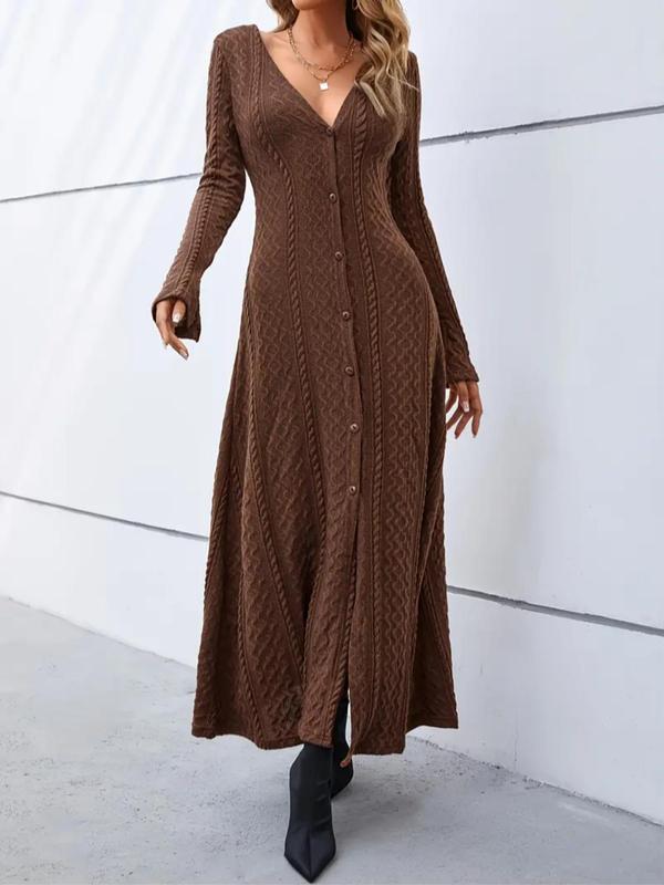 Women's Plain Button Front Split Hem Flounce Sleeve A Line Dress, Casual V Neck Long Sleeve Dress for Fall & Winter, Women's Clothing for Daily Wear