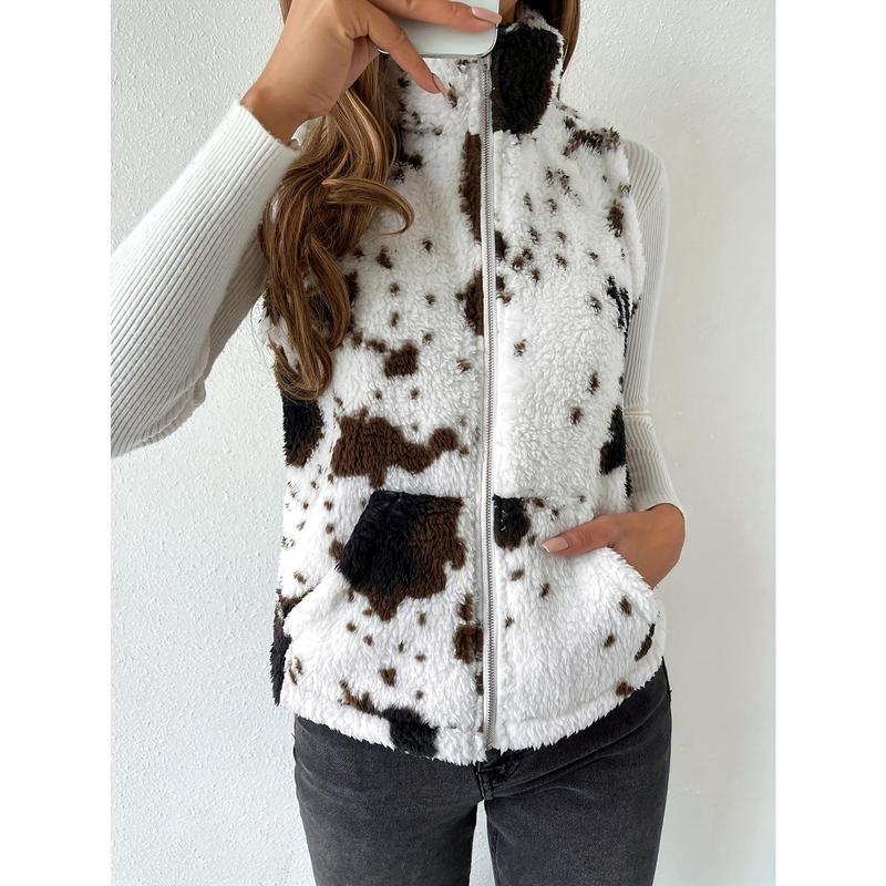 Cozy Cow Pattern Plush Vest Jacket - Soft, Warm, and Casual Sleeveless Gilet with Slant Pockets for Winter & Fall - Women's Fashion Clothing for Everyday Wear