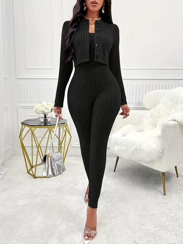 Two-piece Set Women's Solid Button Front Crop Top & Skinny Tube Jumpsuit, Casual Long Sleeve Round Neck Top & Jumpsuit for Daily Wear, Fall Sets, Ladies Two-piece Outfits for All Seasons