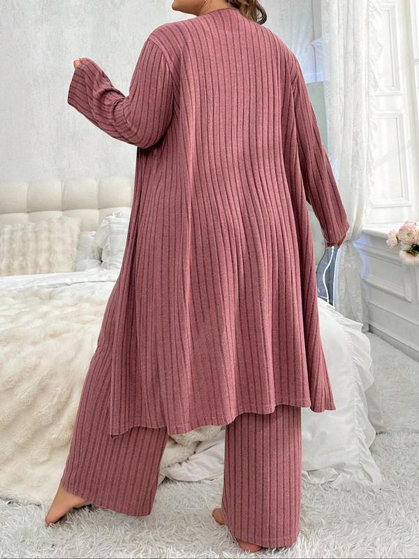  Three-Piece Set Solid Scoop Neck Crop Top & Drawstring Waist Pants & Open Front Long Sleeve Outwear Loungewear Set, Casual Comfy Pyjama Set for Women, Women's Sleepwear for All Seasons