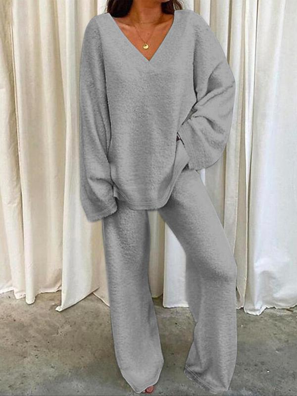 Women's Solid Color Drop Shoulder V Neck Top & Elastic Waist Pants Plush Suits, 2 Piece Sets Women, Casual Fashion Cozy Comfy Two Piece Outfits for Daily Wear, Womenswear for Fall & Winter