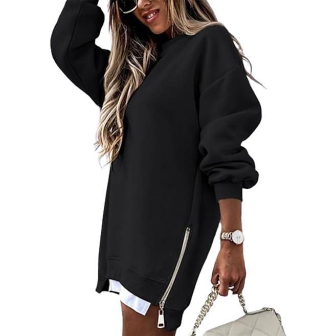 Womens Long Sleeve Pullover Sweatshirt Zipper Slit Casual Dress