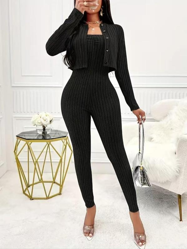 Two-piece Set Women's Solid Button Front Crop Top & Skinny Tube Jumpsuit, Casual Long Sleeve Round Neck Top & Jumpsuit for Daily Wear, Fall Sets, Ladies Two-piece Outfits for All Seasons