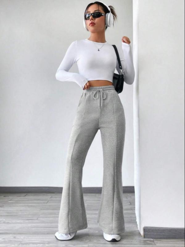 Women's Solid Drawstring Waist Flare Leg Pants, Casual Comfy High Waist Bell Bottom Trousers for Fall & Winter, Women's Bottoms for Daily Wear