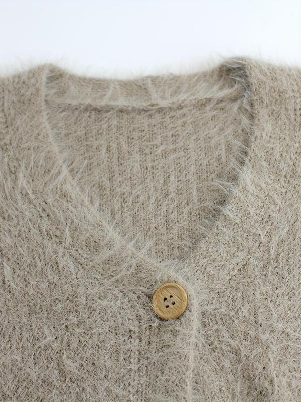 Women's Solid Button Front Drop Shoulder Fuzzy Sweater, Elegant Long Sleeve V Neck Knit Cardigan for Fall & Winter, Women's Knitwear for Daily Wear