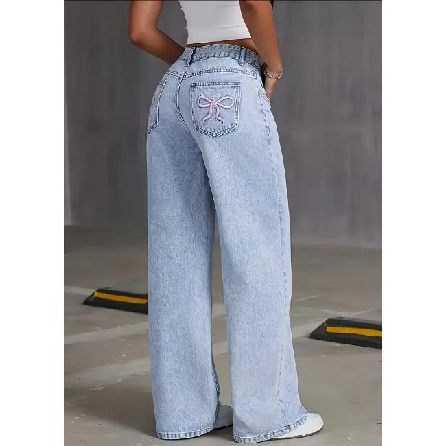 2024 Spring And Autumn New High-waisted Straight-leg Wide-leg Pants Casual Loose Embroidered Bow Jeans