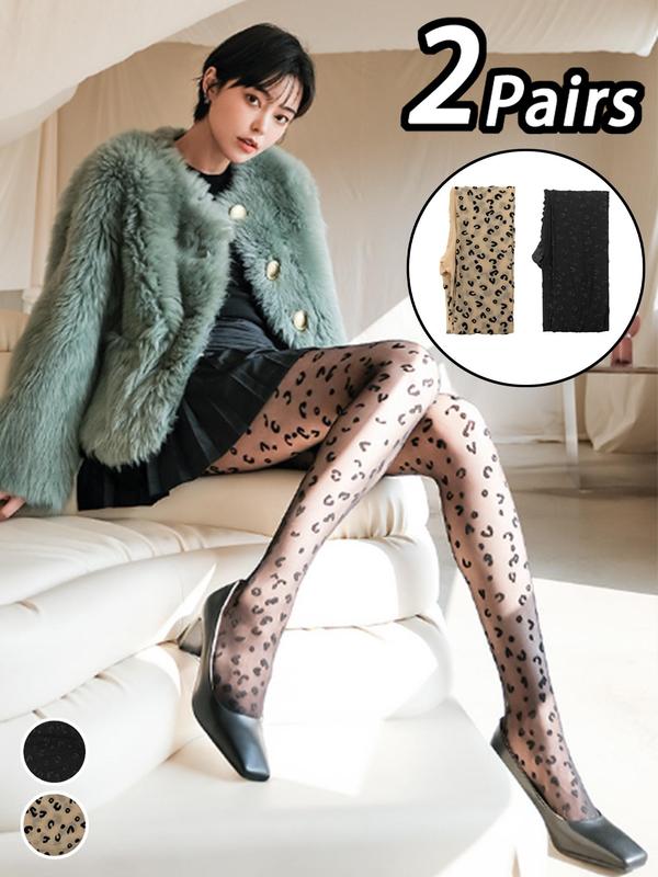 Women's Leopard Print Solid Color Stockings, Casual Comfy Breathable High Stretch Tights for Daily Wear, Ladies Stockings for All Seasons