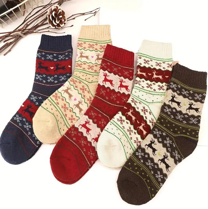 5 Pairs Elk Print Thickened Socks, Christmas Mid Tube Socks , Comfy & Warm , Women's Socks, Fuzzy Socks, Holiday Gift